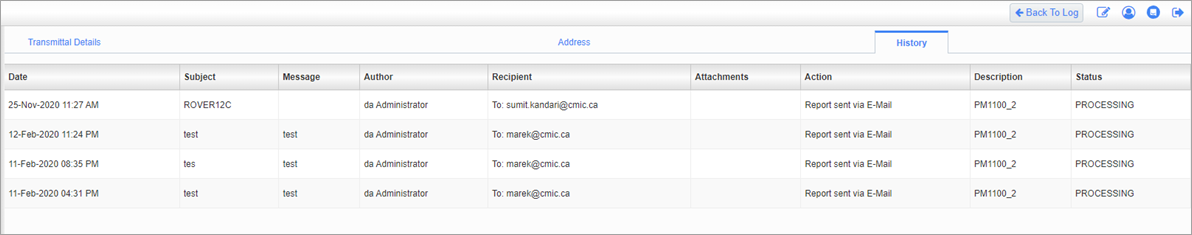 Screenshot of Transmittal History tab