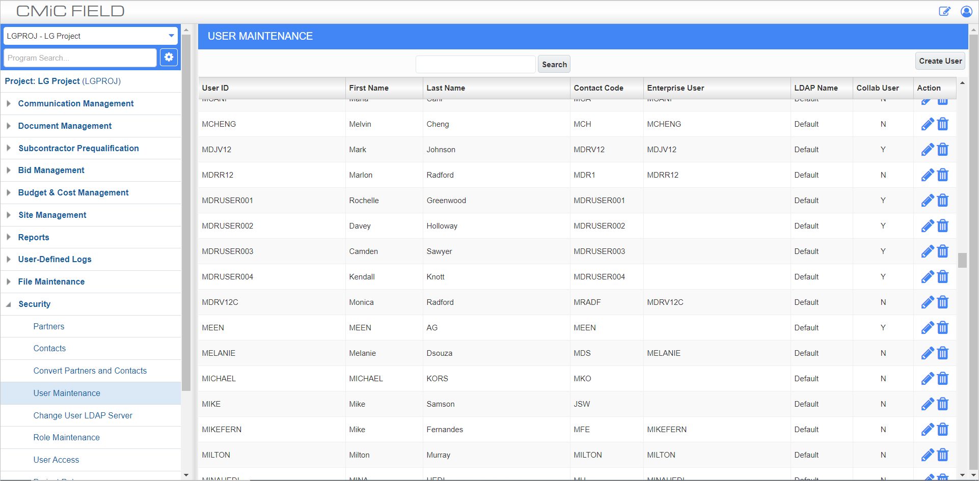 Screenshot of User Maintenance screen