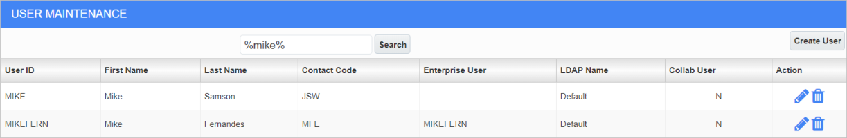 Screenshot of Search field in User Maintenance screen