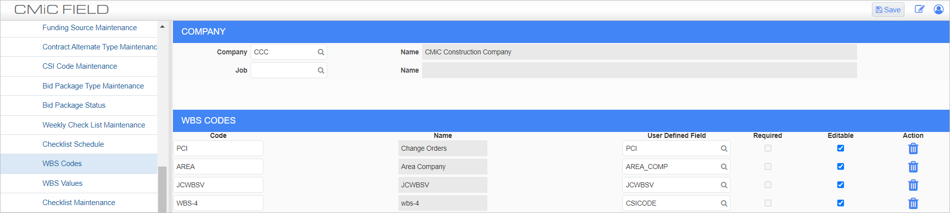 Screenshot of WBS Codes .
