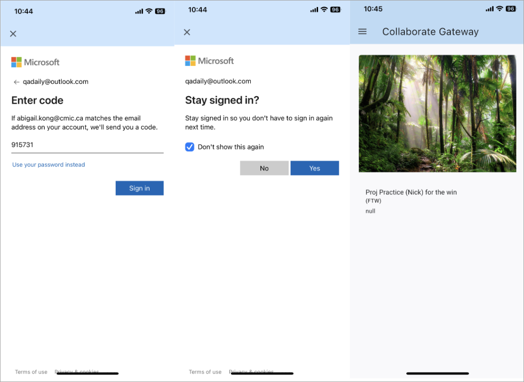 Screenshot of Collaborate Gateway registration and login with Azure.