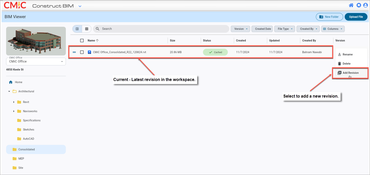 Screenshot of BIM with Add Revision option highlighted.