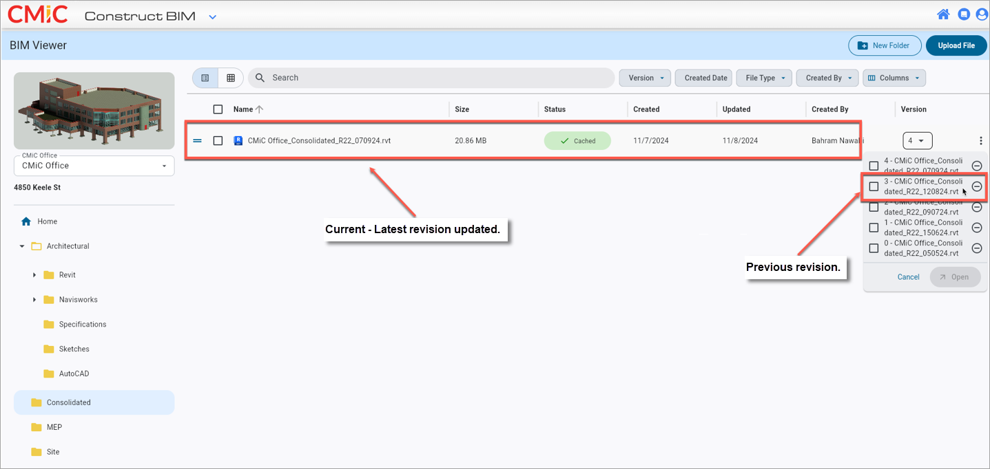 Screenshot of BIM showing latest and previous revisions.