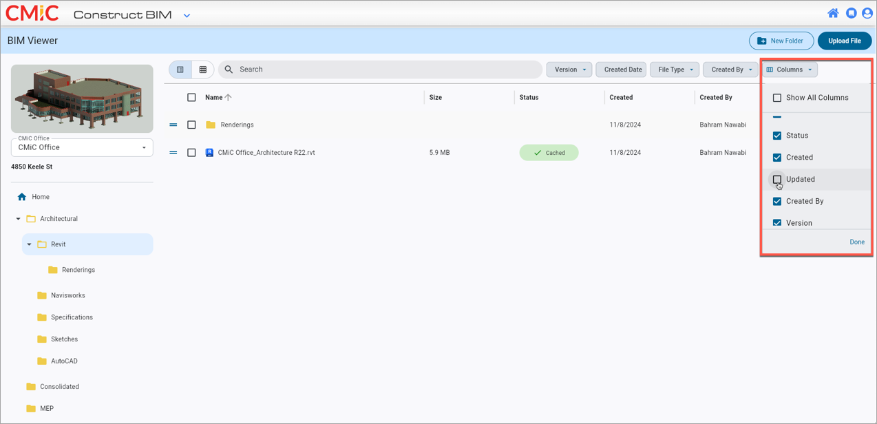 Screenshot of BIM with Columns filter highlighted.