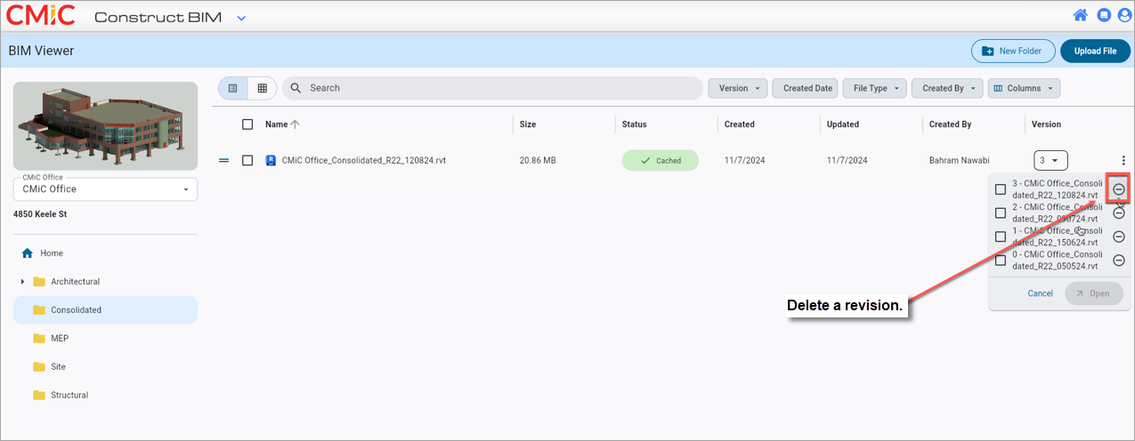 Screenshot of BIM showing file revision being deleted.