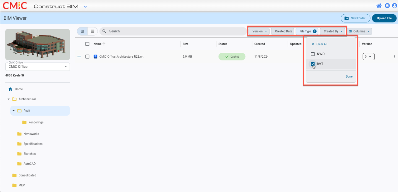 Screenshot of BIM with filters highlighted.