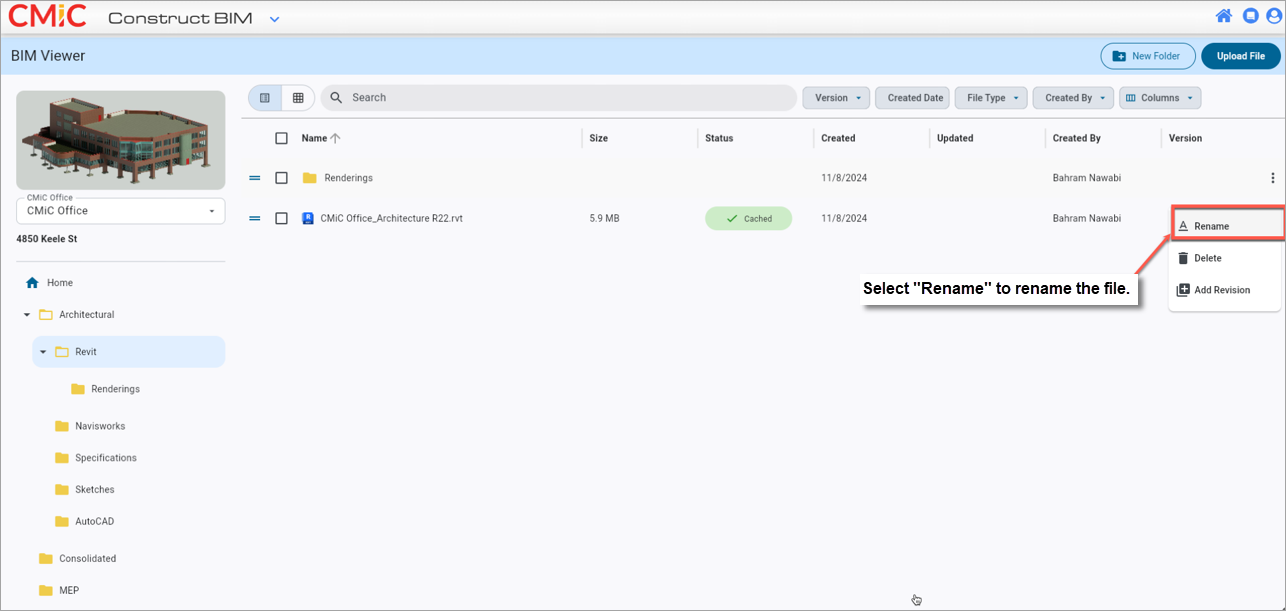 Screenshot of renaming BIM file.