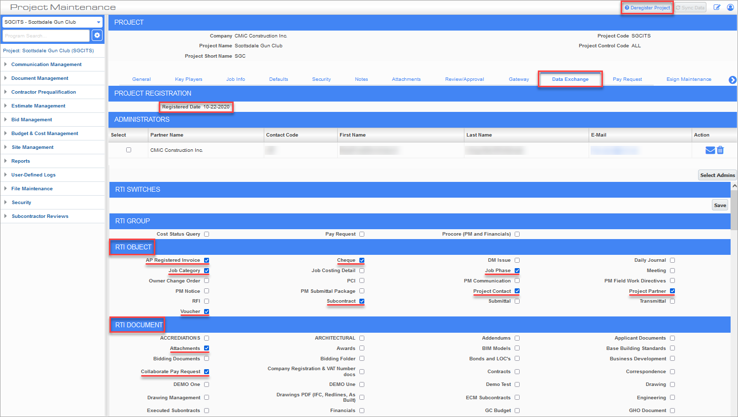 Screenshot of Project Maintenance screen with Data Exchange tab selected and RTI Object and RTI Document selections enabled.