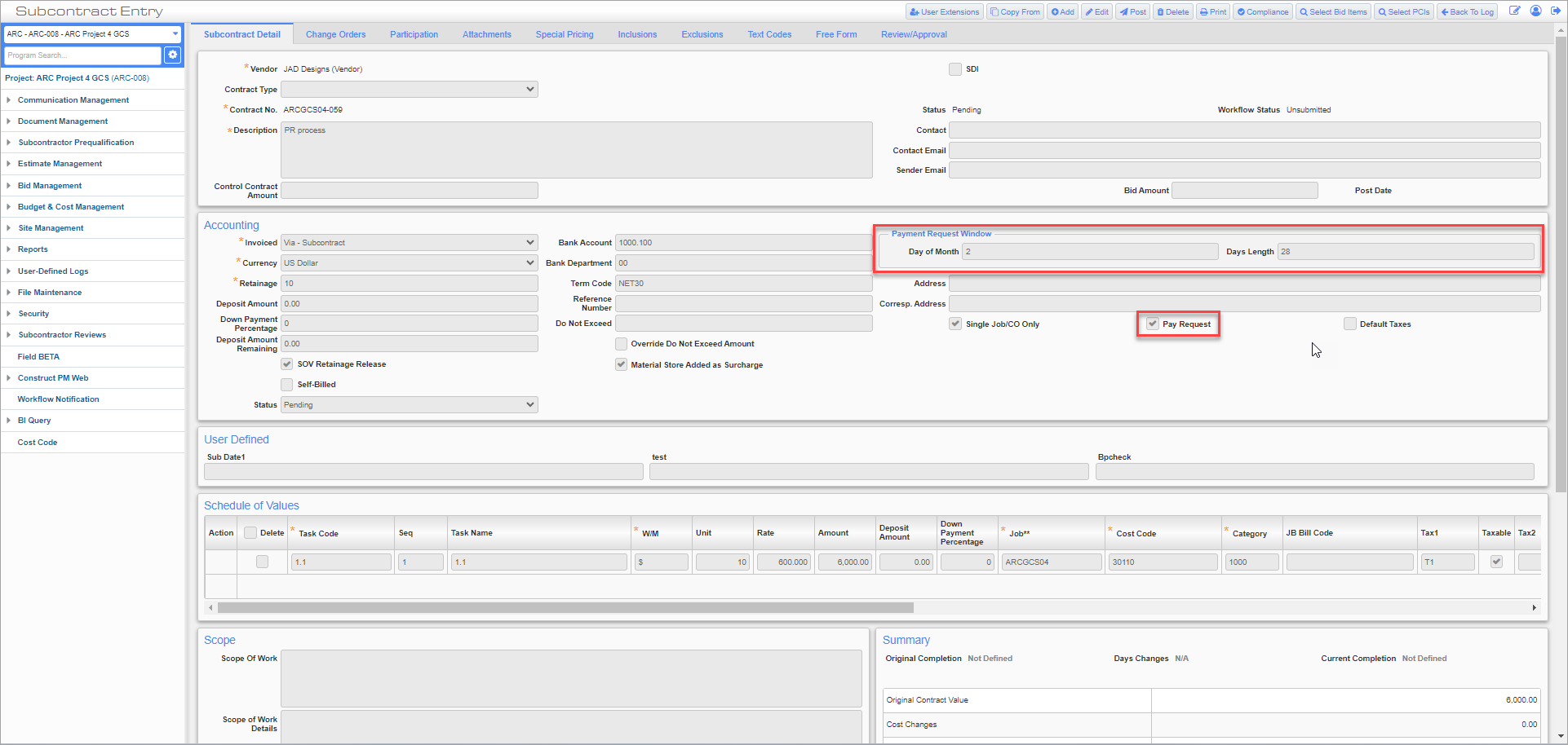 Screenshot of creating a new subcontract in the Subcontract Entry screen.