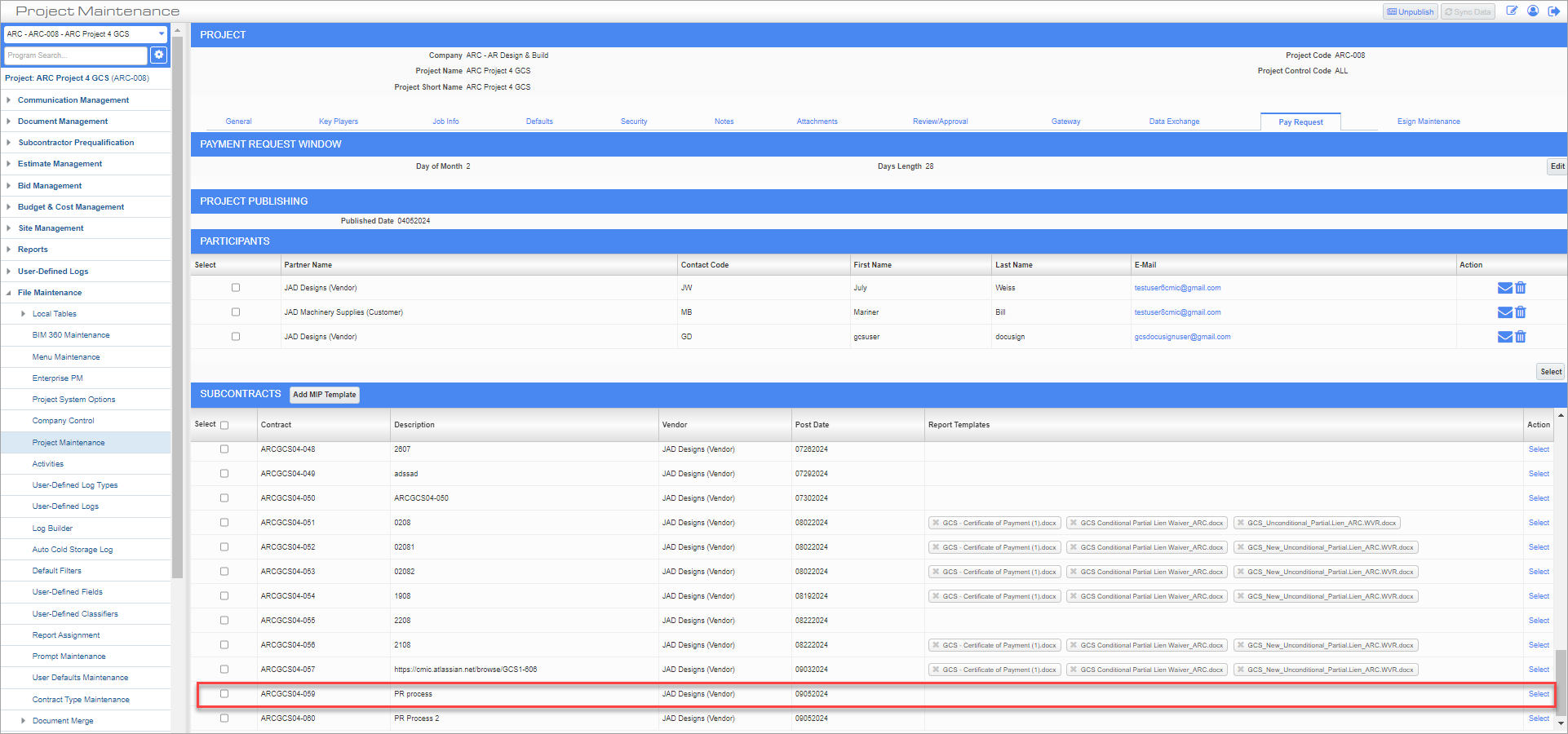 Screenshot of Pay Request tab of Project Maintenance screen with posted subcontract highlighted.