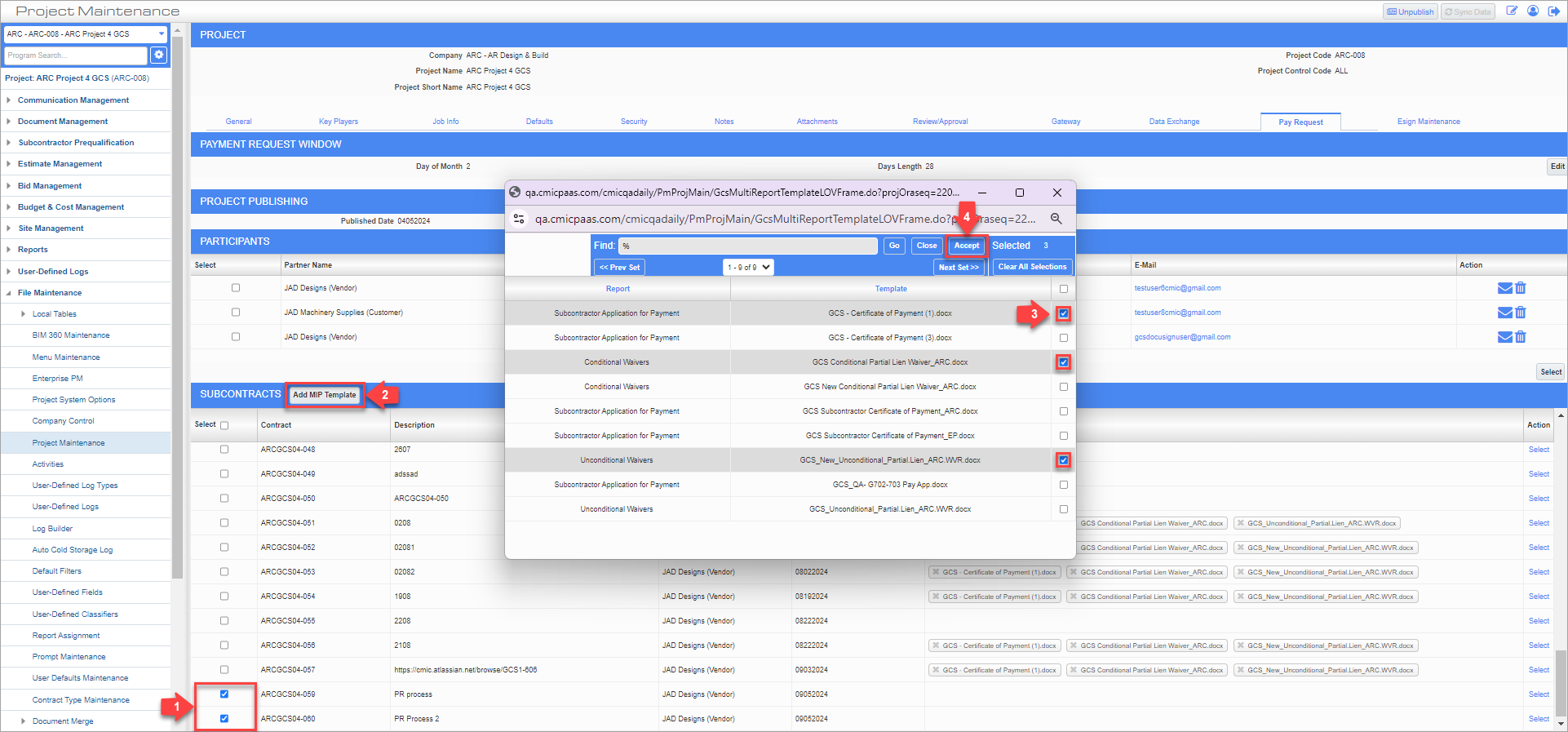 Screenshot of adding MIPs to multiple subcontracts.