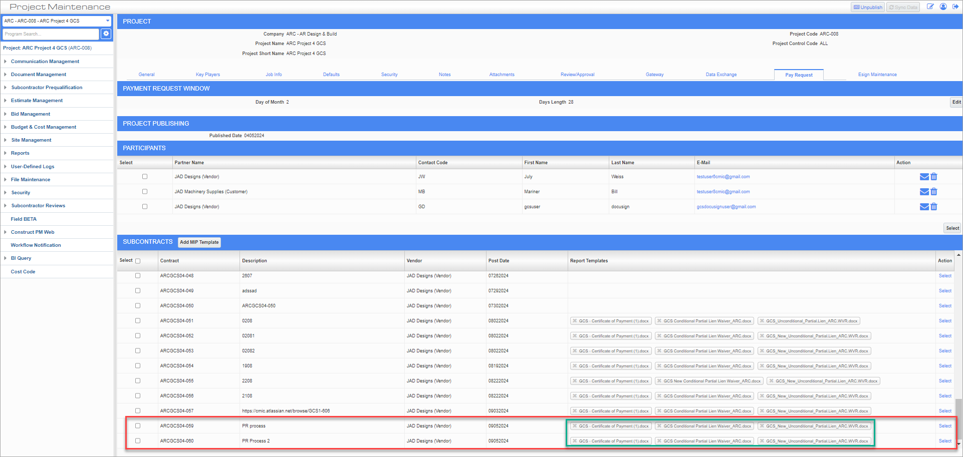 Screenshot of MIP templates added to the subcontracts.