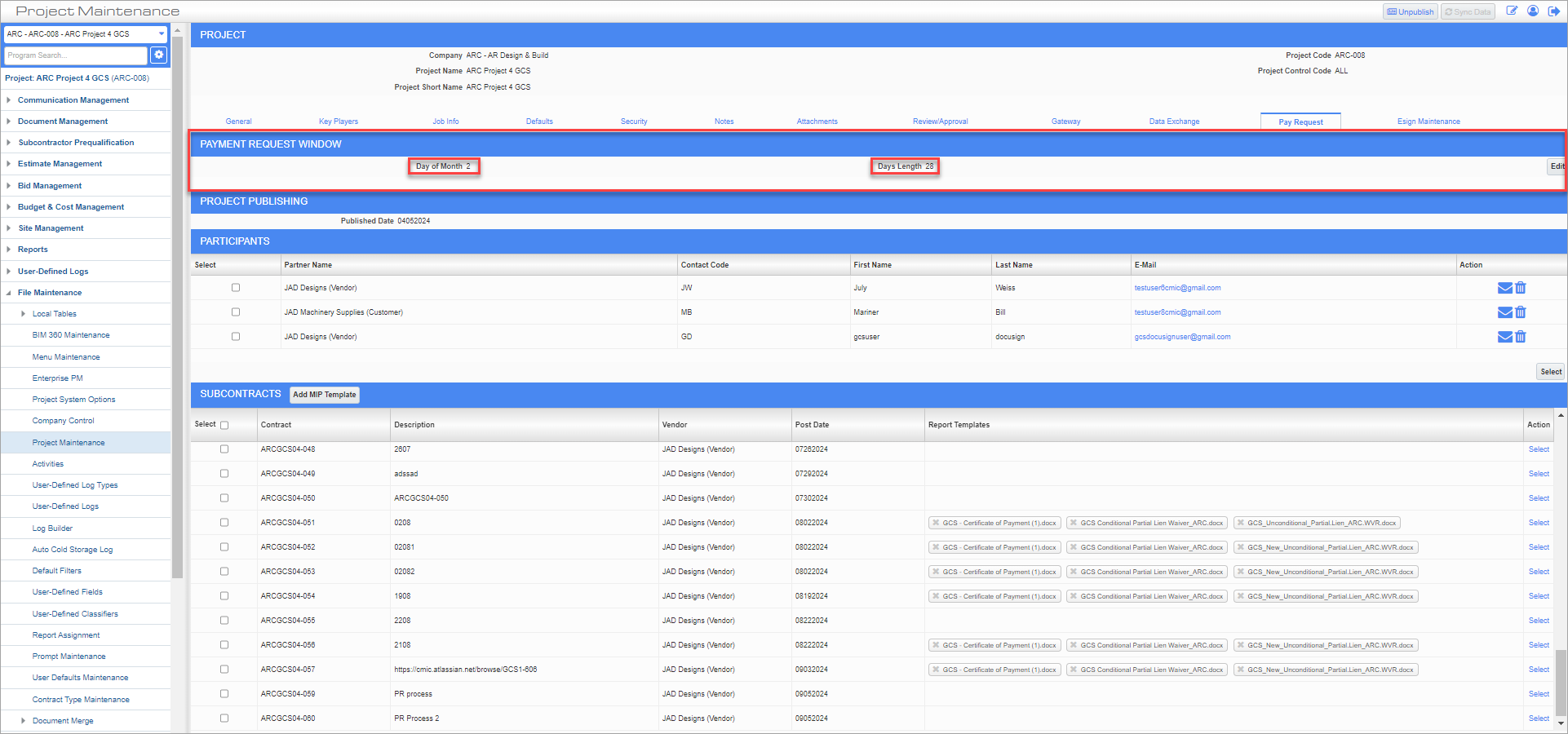 Screenshot of Pay Request tab of Project Maintenance screen with Payment Request Window highlighted.