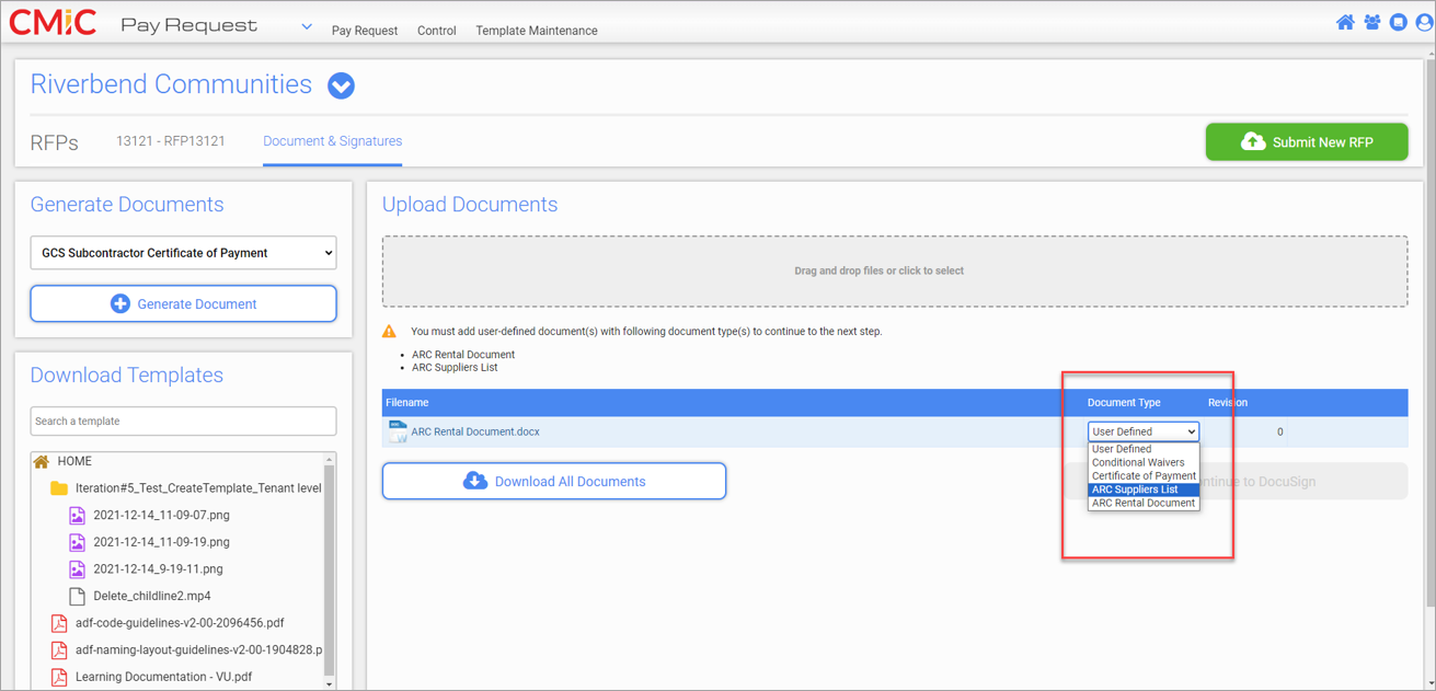 Screenshot of the Pay Request screen with the Document & Signatures tab enabled and the Document Type field's drop-down menu launched.