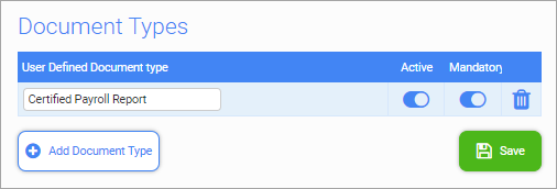 Screenshot of Document Types section with default document types applied.