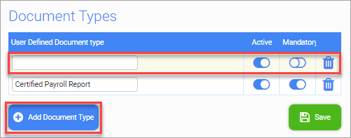 Screenshot of Document Types section of the screen displaying a new document type being added.