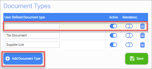 Screenshot of Document Types section of the screen displaying new document types being added.