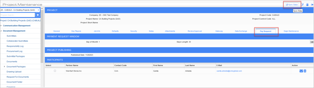 Screenshot of Project Maintenance screen with Pay Request tab selected and [Sync Data] button highlighted.