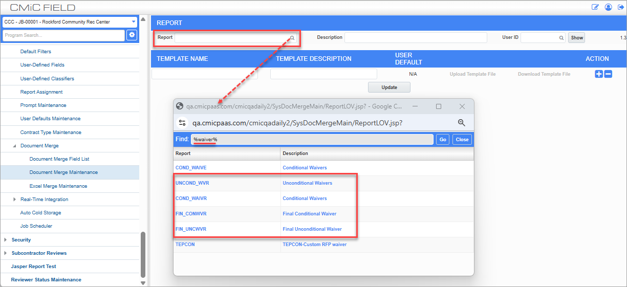 Screenshot of Document Merge Maintenance screen.