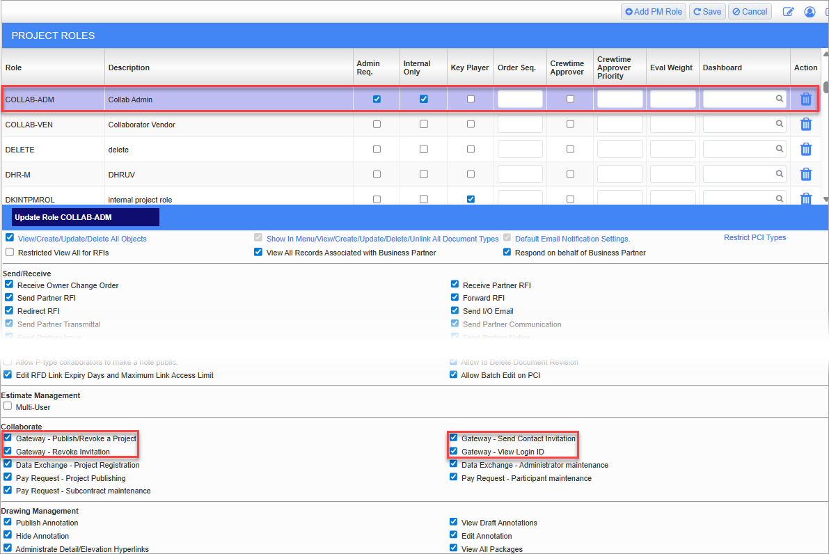 Screenshot of Project Roles screen in CMiC Field.