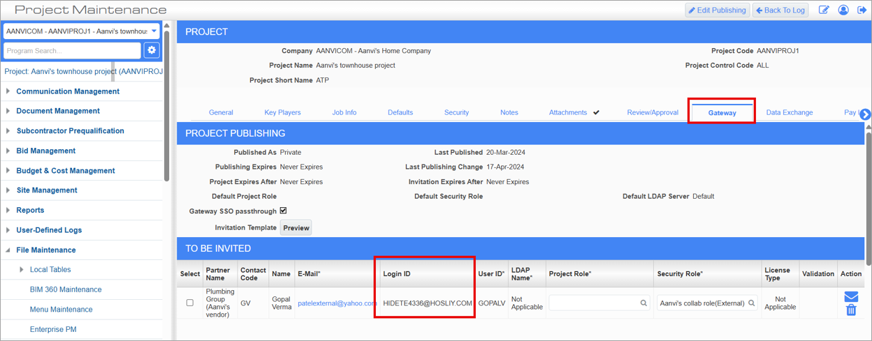 Screenshot of Project Maintenance screen with Gateway tab enabled and Login ID field highlighted.