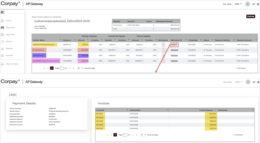 Screenshots from Corpay AP Gateway screen showing payments.