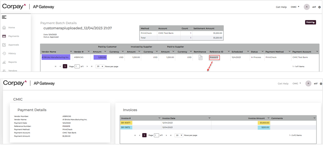 Screenshot of Corpay AP Gateway screen showing payments.