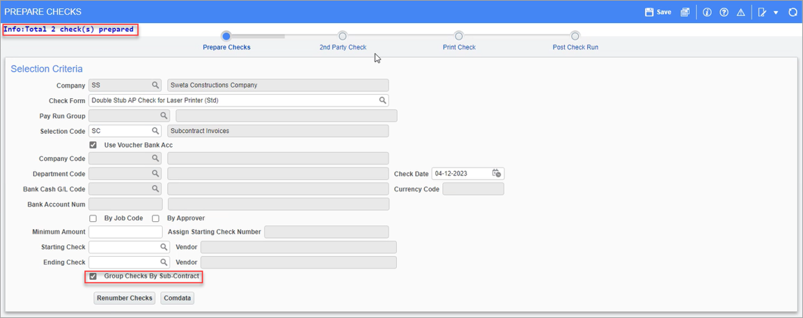 Screenshot of Prepare Checks screen indicating that two checks have been prepared.