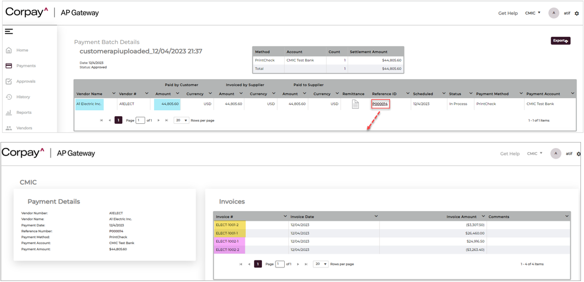 Screenshot of Corpay AP Gateway screen showing payments.