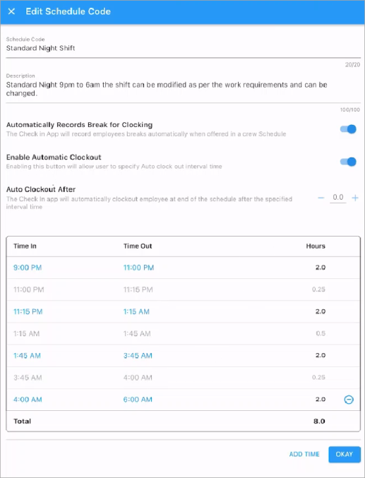 Screenshot of Edit Schedule Code with Enable Automatic Checkout toggle enabled.