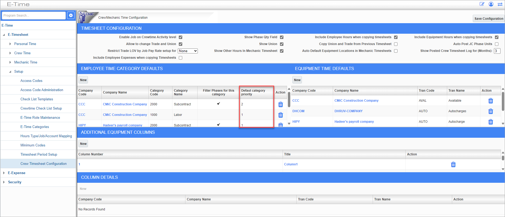 Screenshot of Crew Timesheet Configuration with Default Category Priority highlihgted.