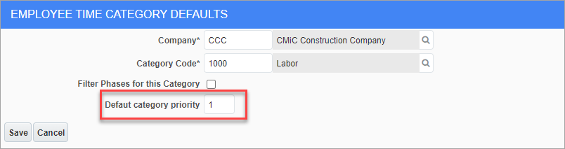 Screenshot of Employee Time Category Defaults.