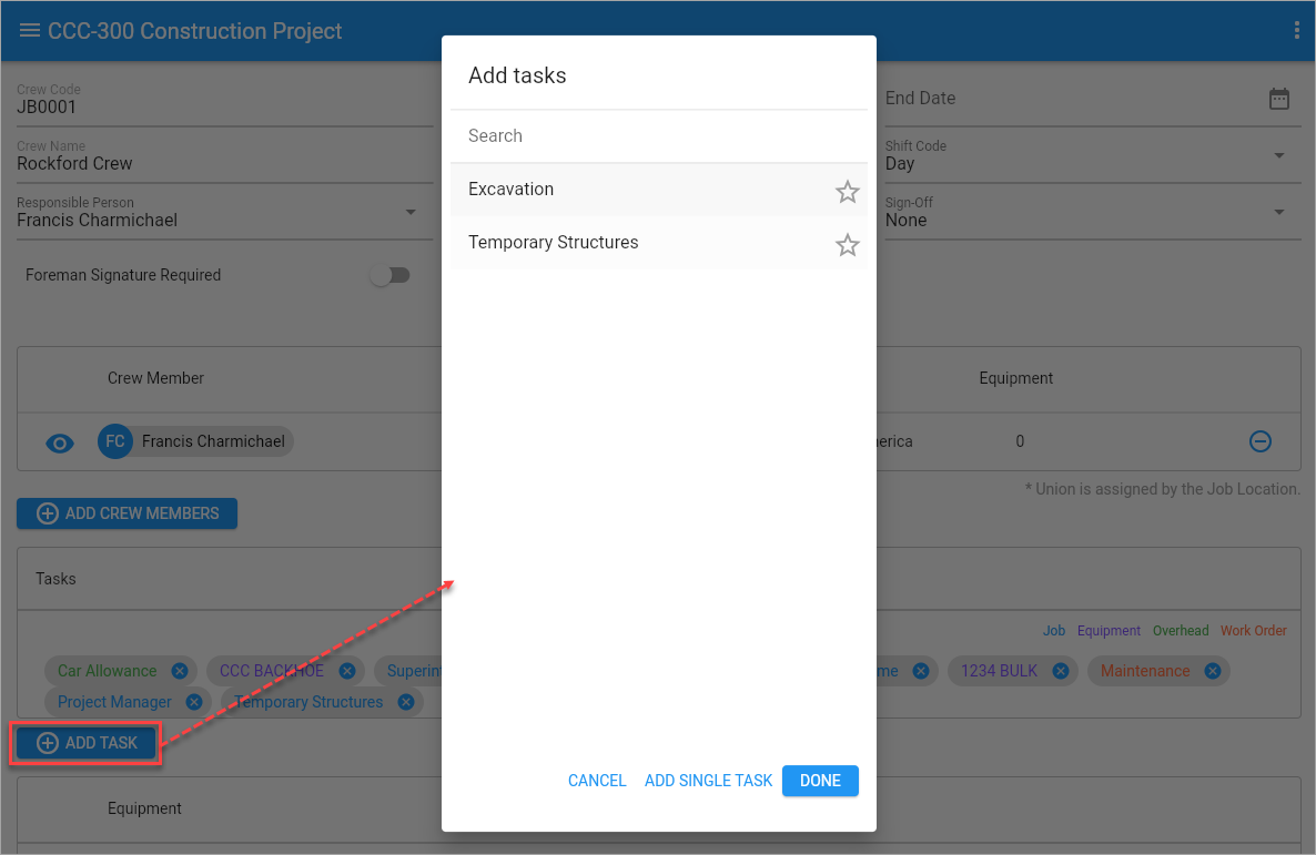 Screenshot of Add Task pop-up launched from Crew Maintenance.