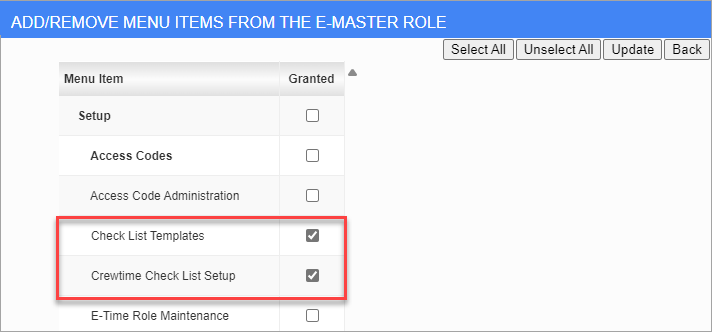 Screenshot of Security Roles with menu items highlighted.