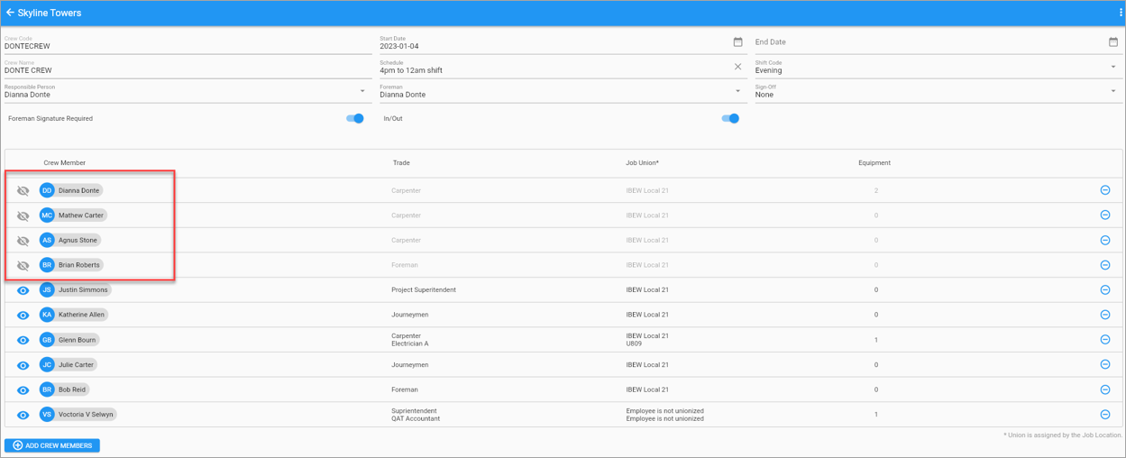 Screenshot of Crew Maintenance screen with four crew member records set to unavailable.