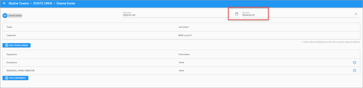 Screenshot of Crew Maintenance record with End Date field populated and highlighted.