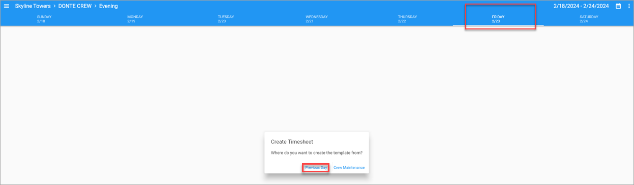 Screenshot of Crew Maintenance screen generating timesheet template for the previous day.