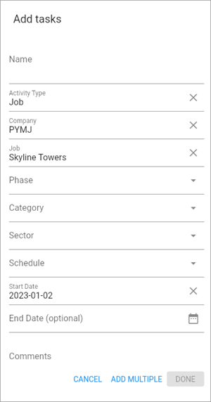 Screenshot of Add Tasks with activity type "Job"