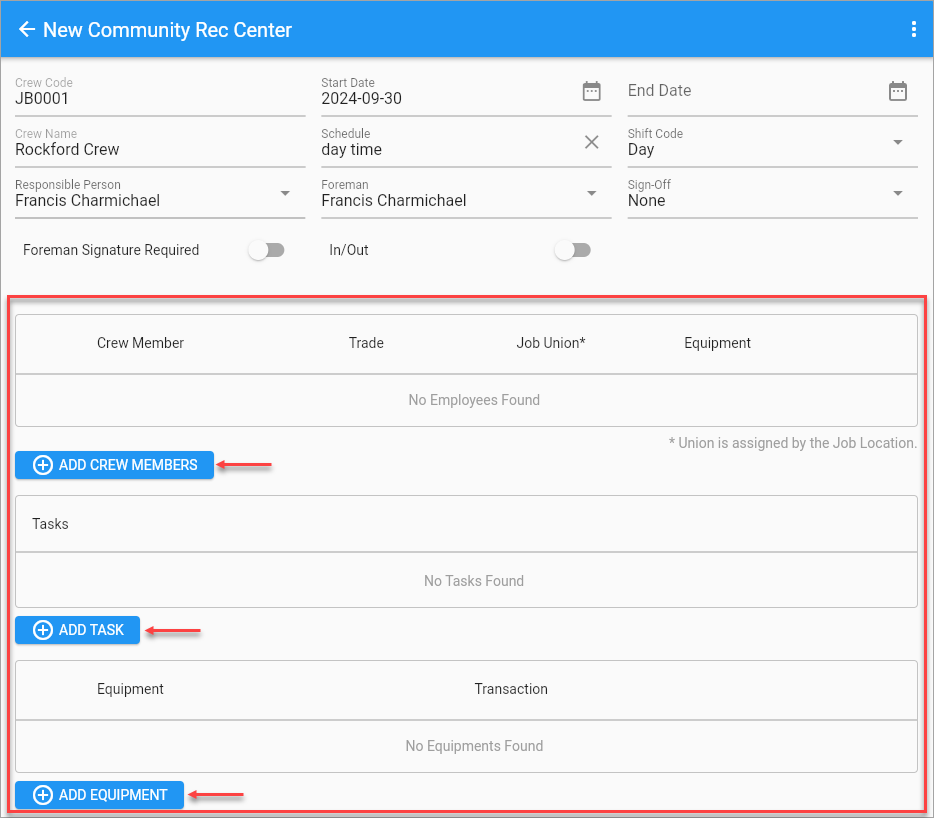 Screenshot of Create Crew with add members/task/equipment section highlighted.