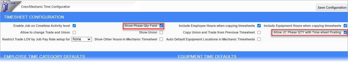 Screeshot of Crew/Mechanic Time Configuration screen with Timesheet Configuration settings displayed.