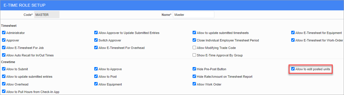 Screenshot of E-Time Role Setup screen with E-Timesheet privilege enabled.