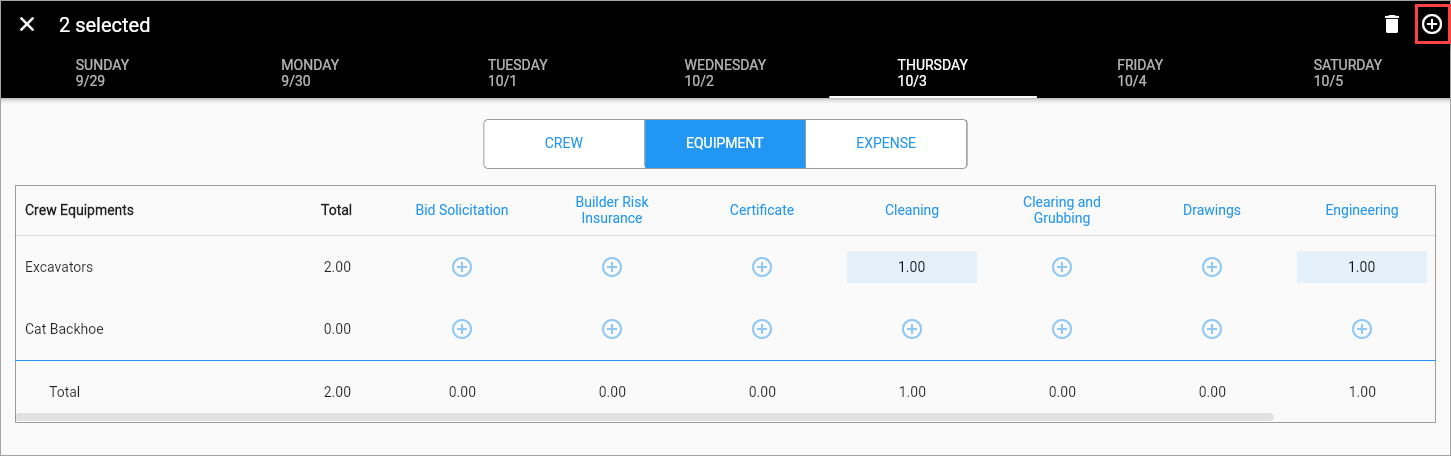 Screenshot of Equipment tab on Timesheet Entry.