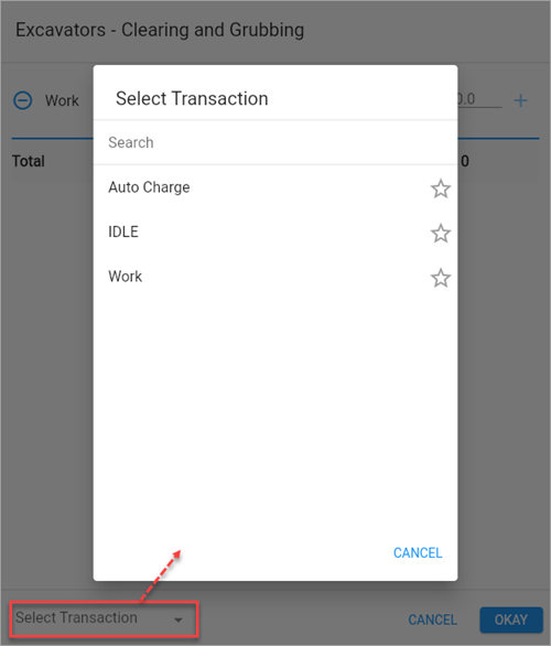 Screenshot of Select Transaction pop-up on Equipment detail.