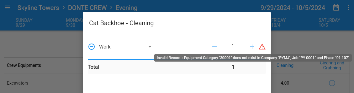 Screenshot of Equipment Detail with error message and hover text.