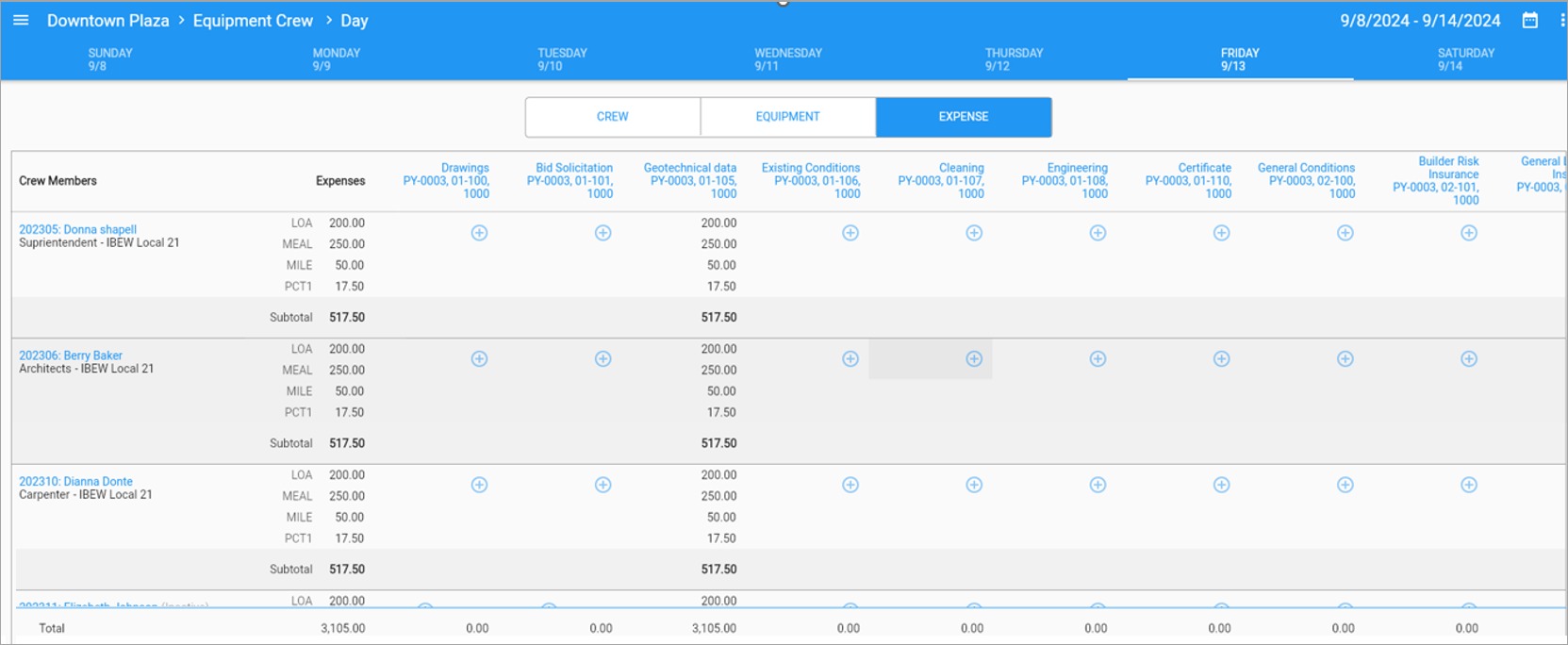 Screenshot of Expense tab on Timesheet Entry screen