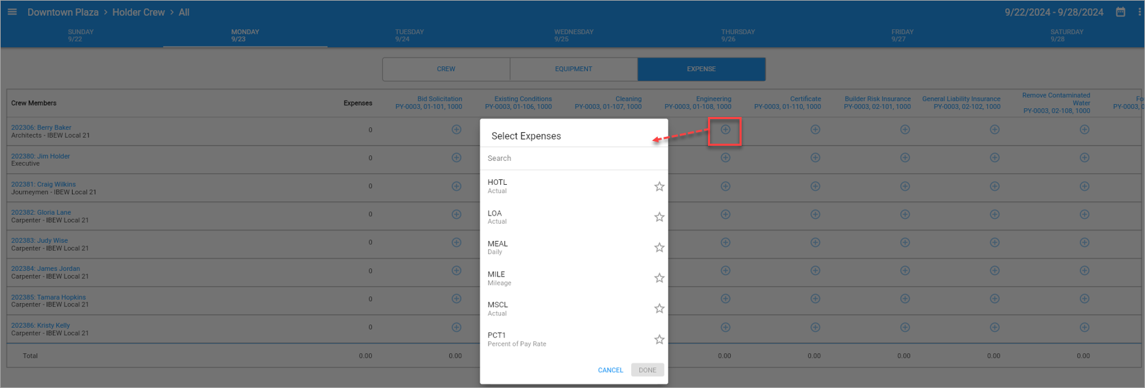 Screenshot of Select Expense pop-up launched from Add icon.