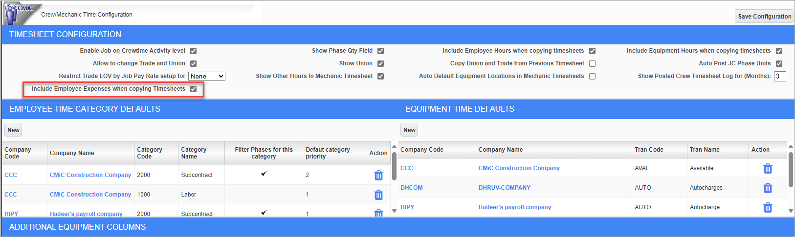 Screenshot of Crew/Mechanic Time Configuration