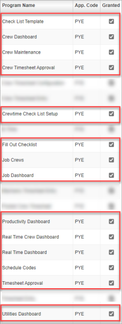 Screenshot of Security Roles with programs highlighted.