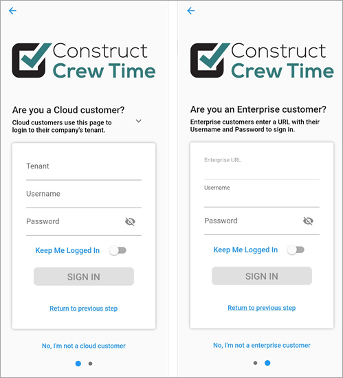 Screenshot of Construct CT log in screens.