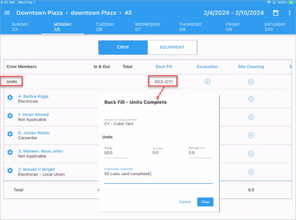 Screenshot of Timesheet Entry screen with Crew tab enabled and Units Complete pop-up launched.